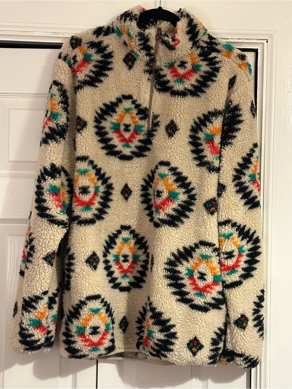 Cozy Sherpa Pullover Jacket in Cream with Tribal Print